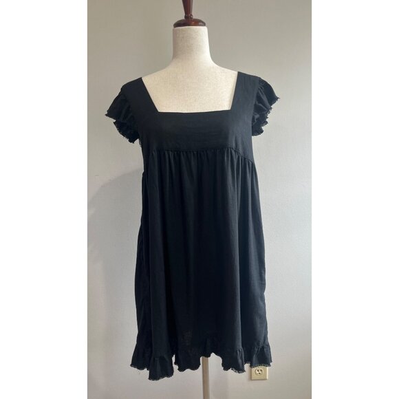 Aerie Flutter Sleeve Babydoll Linen Dress Womens M Black Pockets Square Neck - Picture 1 of 8